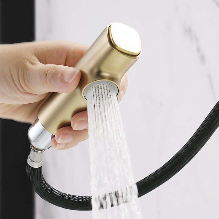 Brushed Gold Deck-Mounted Bathroom Faucet with Pull Out Sprayer