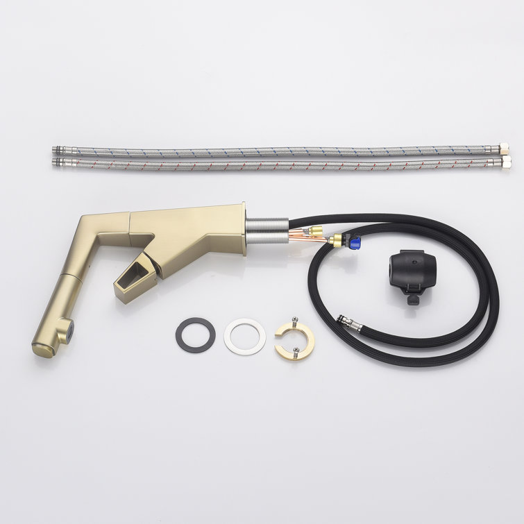 Brushed Gold Deck-Mounted Bathroom Faucet with Pull Out Sprayer