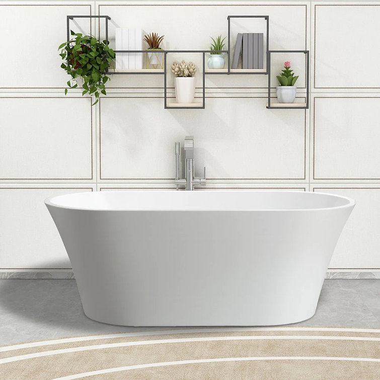 63" White Acrylic Freestanding Soaking Bathtub with Pop-Up Drain