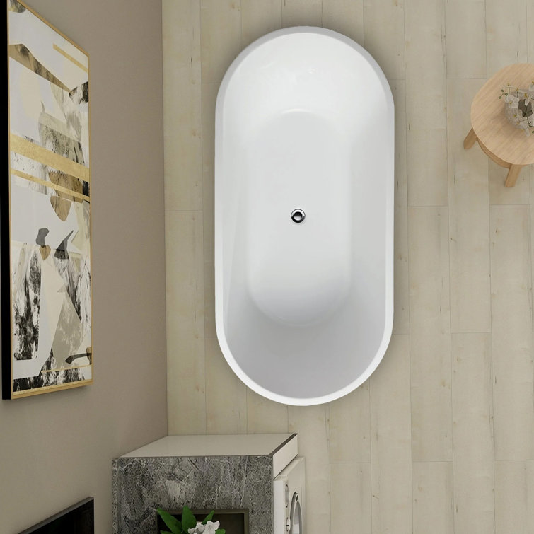 63" White Acrylic Freestanding Soaking Bathtub with Pop-Up Drain