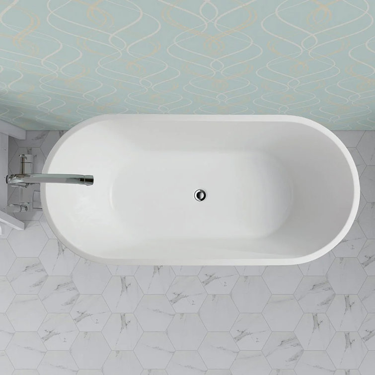 63" White Acrylic Freestanding Soaking Bathtub with Pop-Up Drain