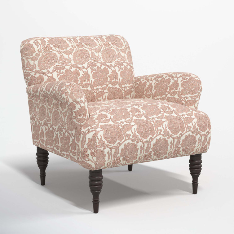 Japanais Dusty Pink Cotton Upholstered Armchair with Espresso Wood Legs