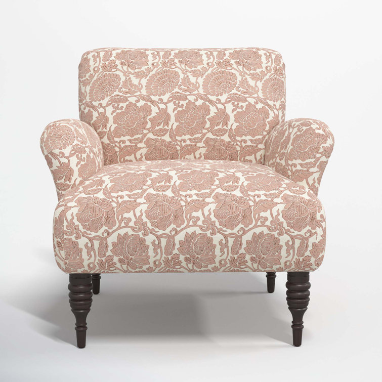 Japanais Dusty Pink Cotton Upholstered Armchair with Espresso Wood Legs