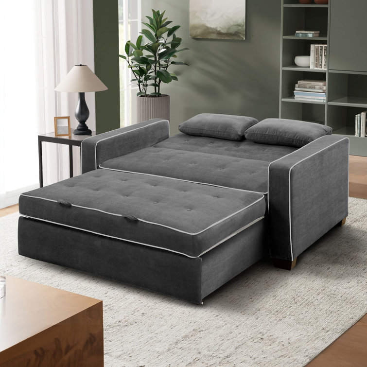 Gray Tufted Microfiber Queen Sleeper Loveseat with Solid Wood Frame
