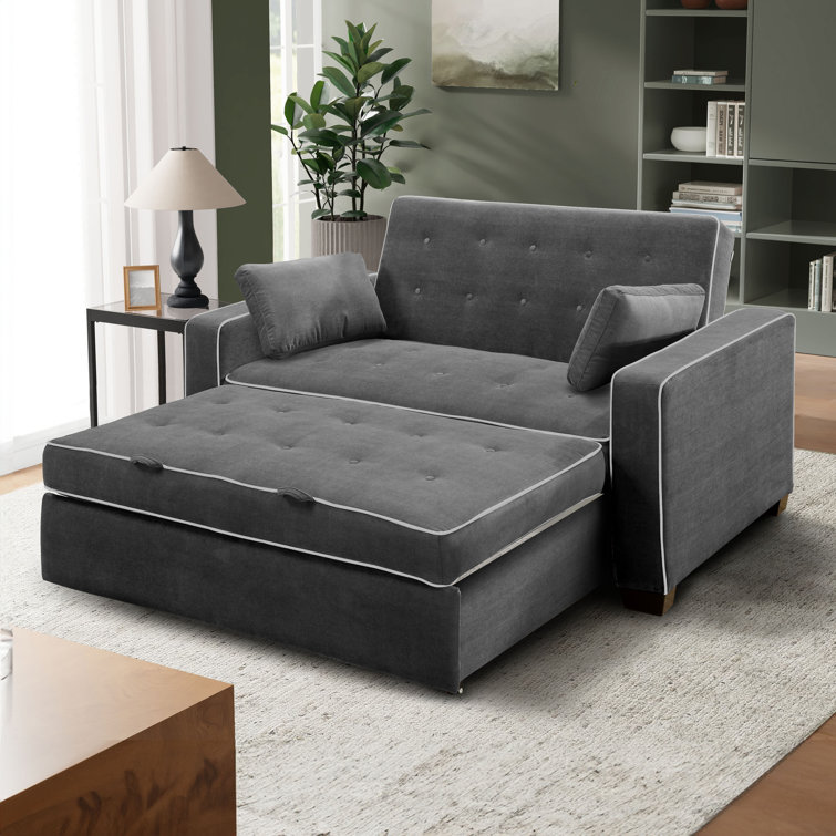 Gray Tufted Microfiber Queen Sleeper Loveseat with Solid Wood Frame