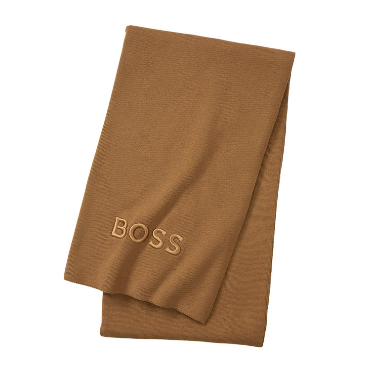 Camel Cotton Blend Knitted Throw with Logo Embroidery