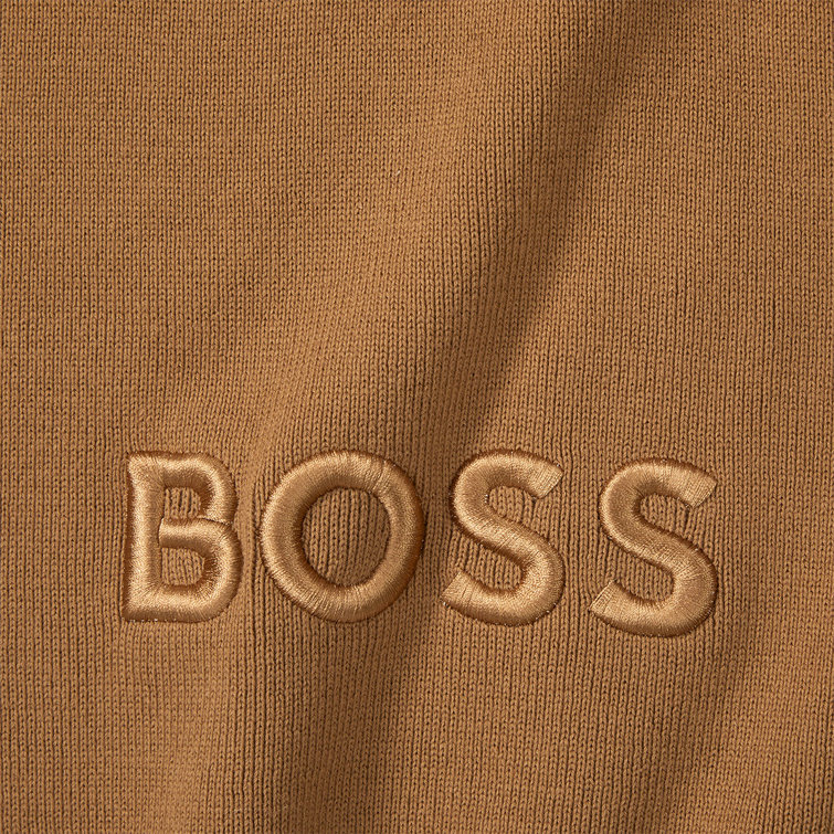 Camel Cotton Blend Knitted Throw with Logo Embroidery