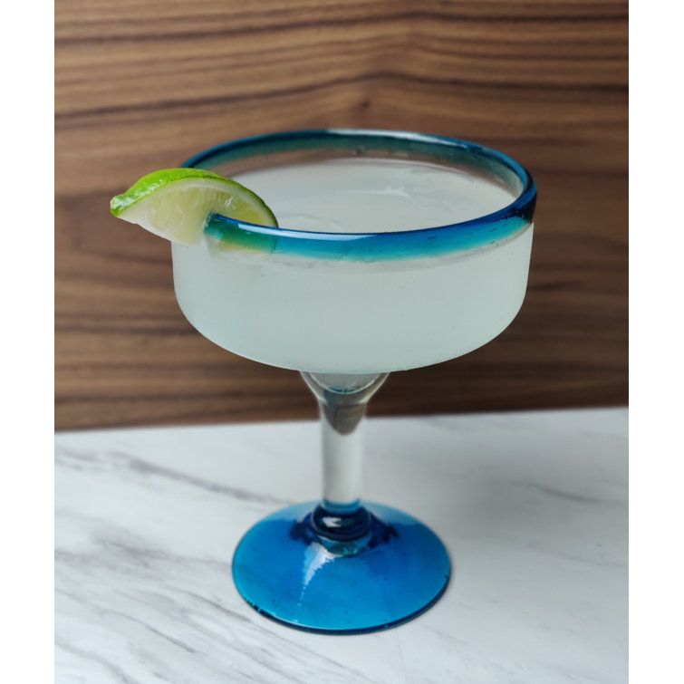 Hand Blown Aqua Rim 16 oz. Margarita Glasses, Set of 4