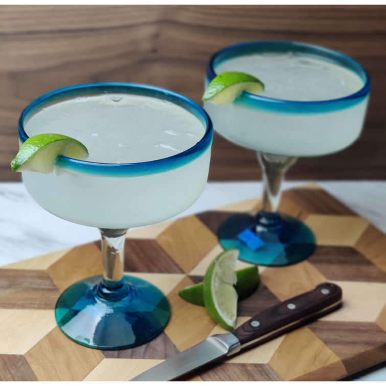 Hand Blown Aqua Rim 16 oz. Margarita Glasses, Set of 4