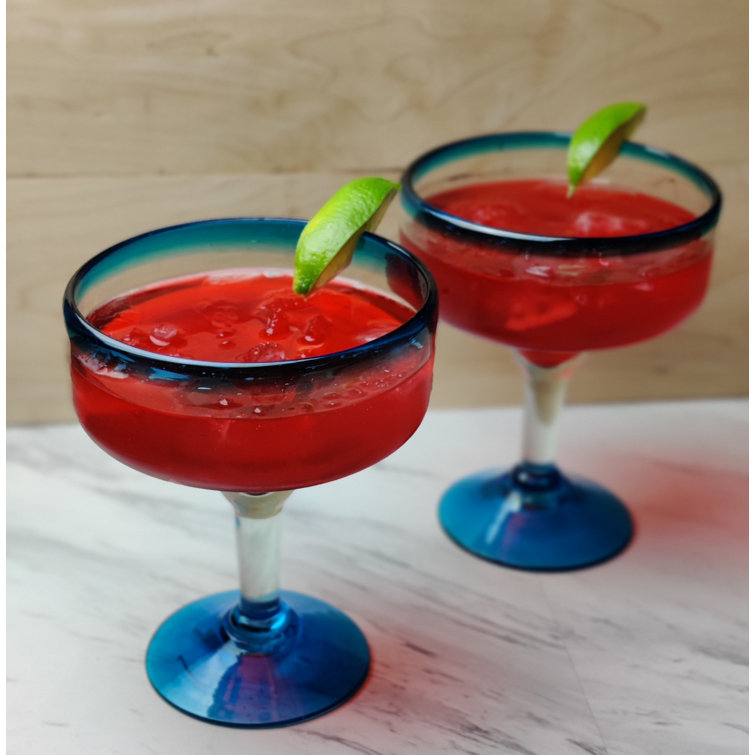 Hand Blown Aqua Rim 16 oz. Margarita Glasses, Set of 4