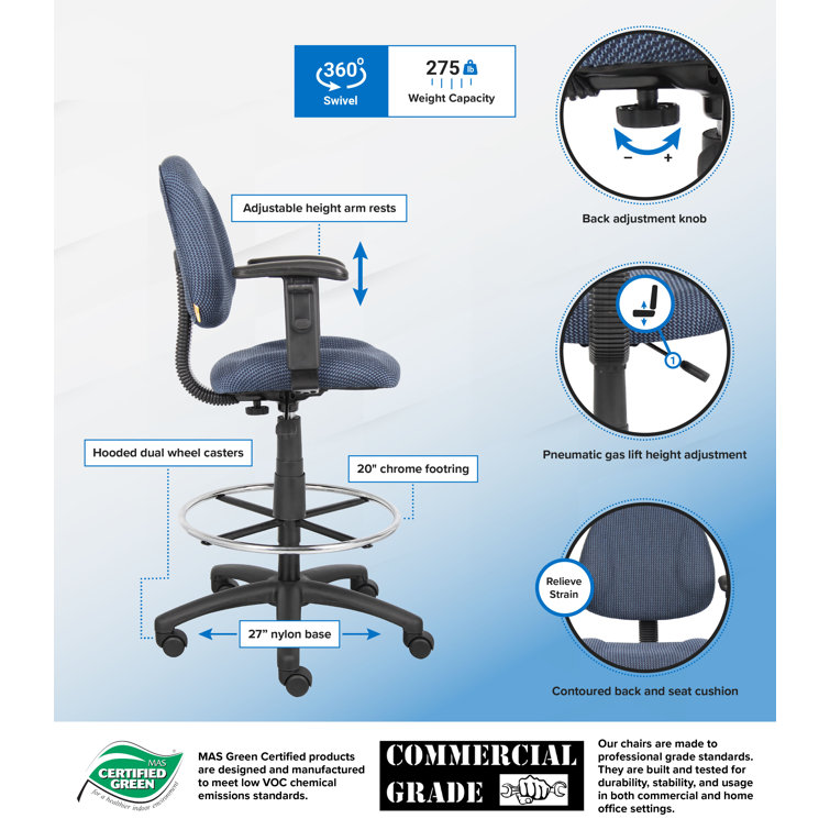 Ergonomic Blue Fabric Drafting Stool with Metal Base