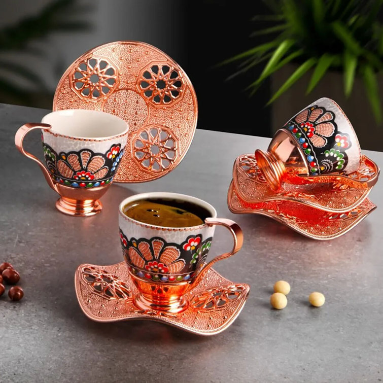 Handcrafted Rosegold Turkish Coffee Cup Set with Wavy Saucers, 3 Oz