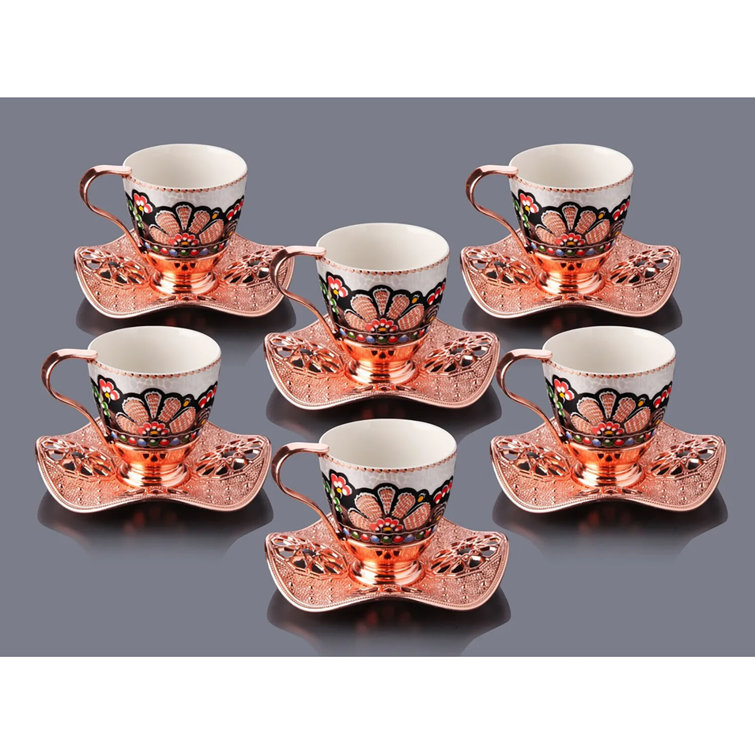 Handcrafted Rosegold Turkish Coffee Cup Set with Wavy Saucers, 3 Oz
