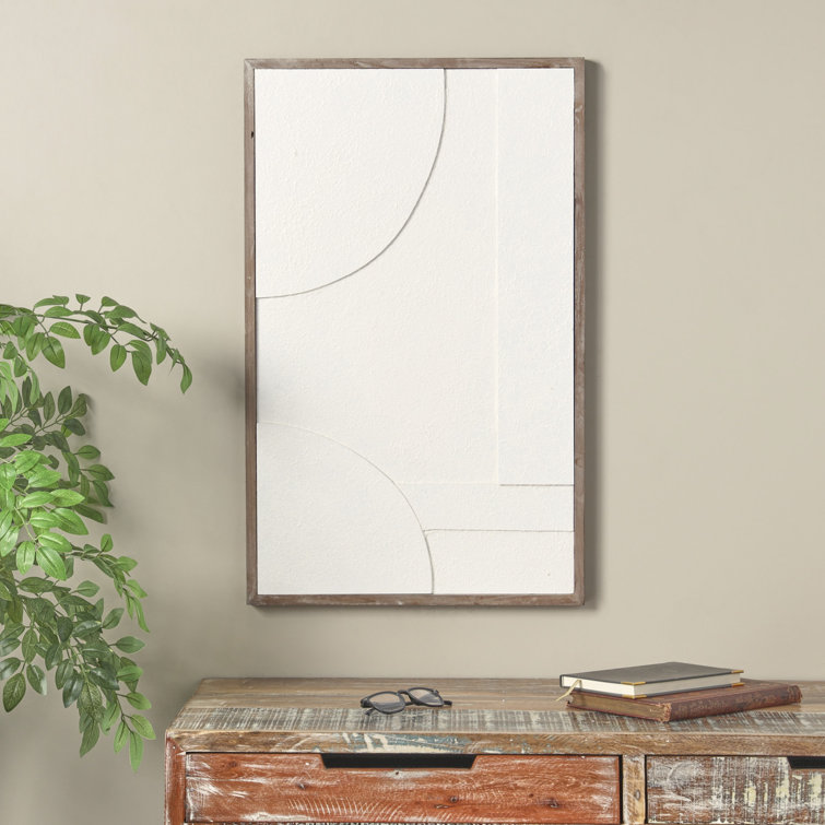 White Geometric Textured Wall Art with Brown Solid Wood Frame