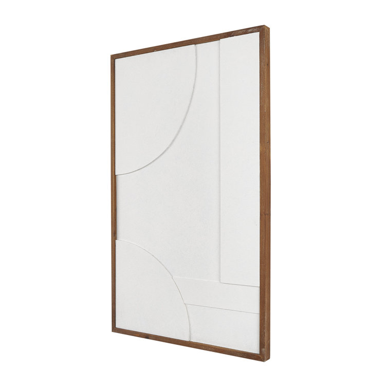 White Geometric Textured Wall Art with Brown Solid Wood Frame