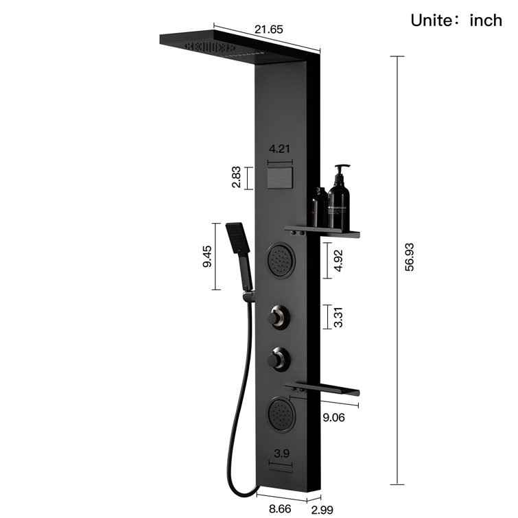 Matte Black Thermostatic Shower Panel System with LED Light