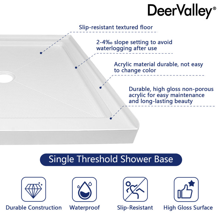 DeerValley 35" White Acrylic Square Shower Base with Center Drain
