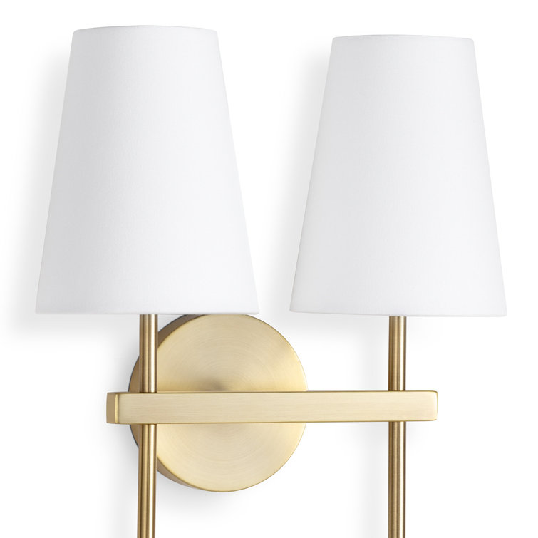 Natural Brass Double Light Sconce with Linen Shades
