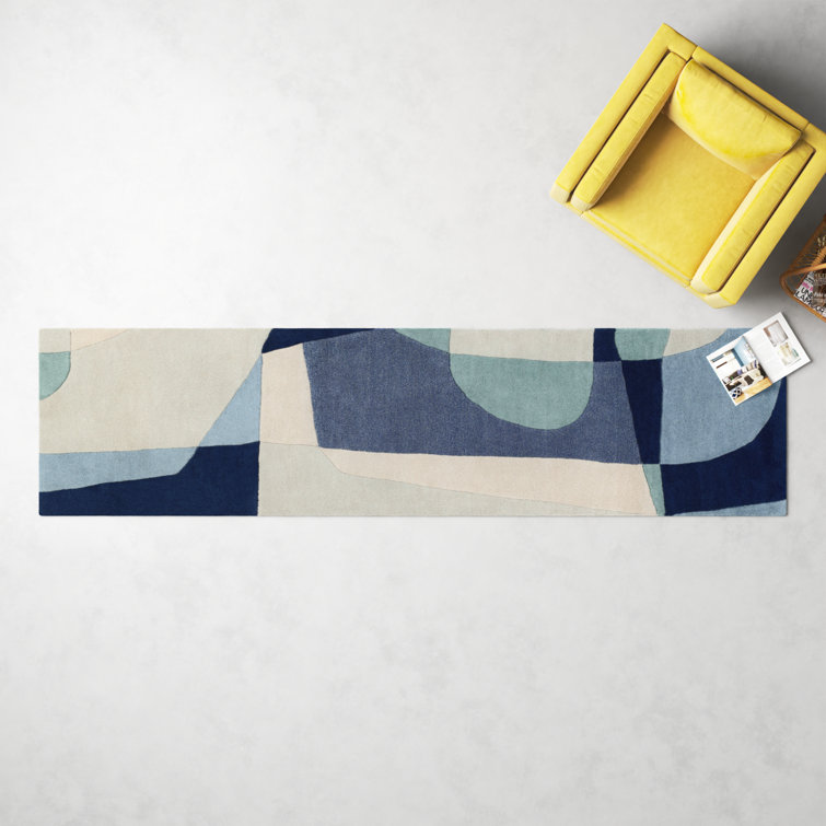 Hand-Tufted Wool Runner Rug in Teal, Navy, and Beige