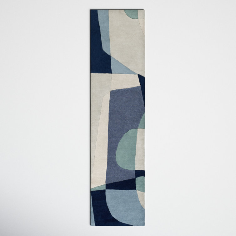 Hand-Tufted Wool Runner Rug in Teal, Navy, and Beige