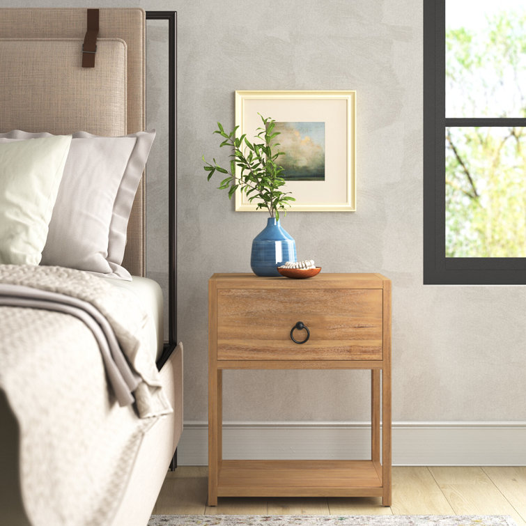 Transitional Modern Natural Wood and Black Metal End Table with Storage