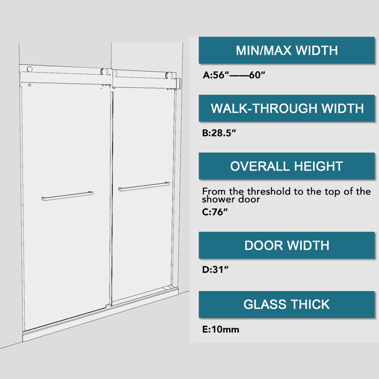 60'' Frameless Clear Glass Sliding Shower Door with Brushed Nickel Frame