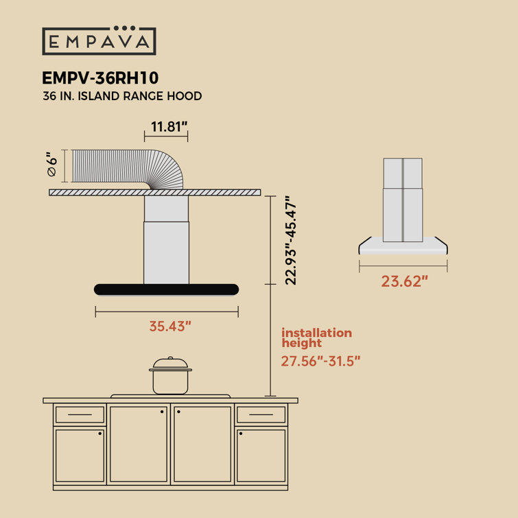 Empava 36" Stainless Steel Island Mount Range Hood with LED Lights
