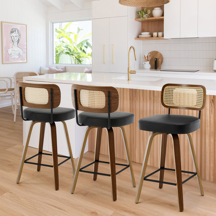 Black Faux Leather Swivel Bar Stools with Rattan Back, Set of 3