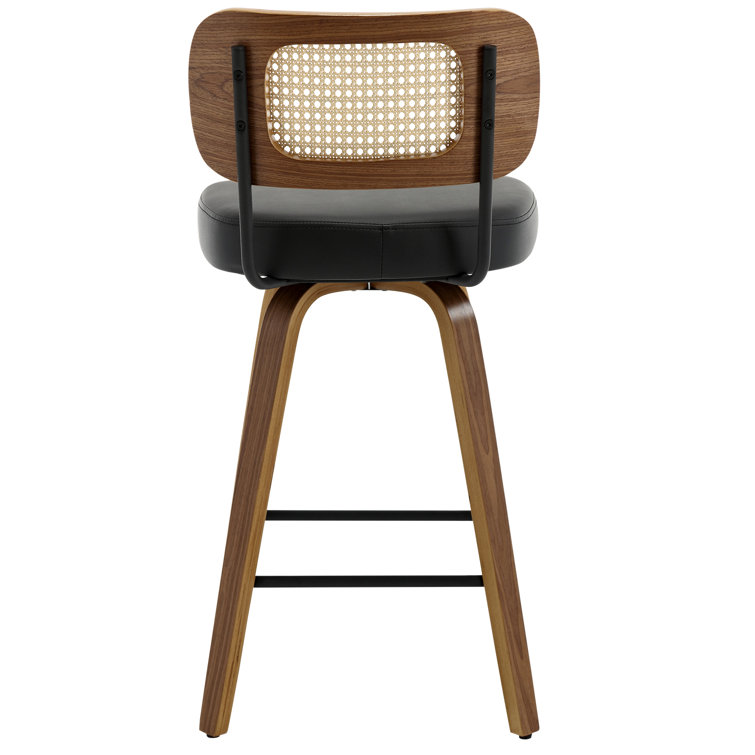 Black Faux Leather Swivel Bar Stools with Rattan Back, Set of 3