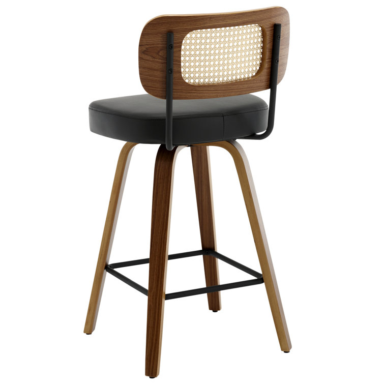 Black Swivel Bar Stools with Rattan Back and Wood Legs, Set of 2