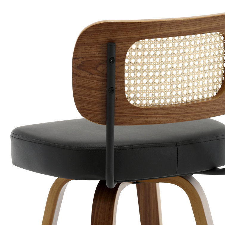 Black Swivel Bar Stools with Rattan Back and Wood Legs, Set of 2
