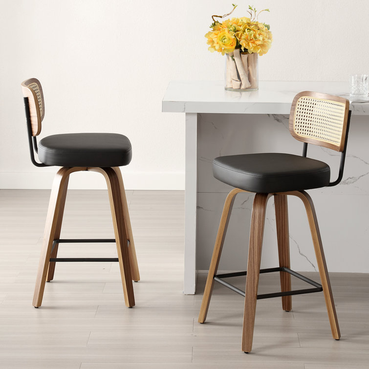Black Swivel Bar Stools with Rattan Back and Wood Legs, Set of 2