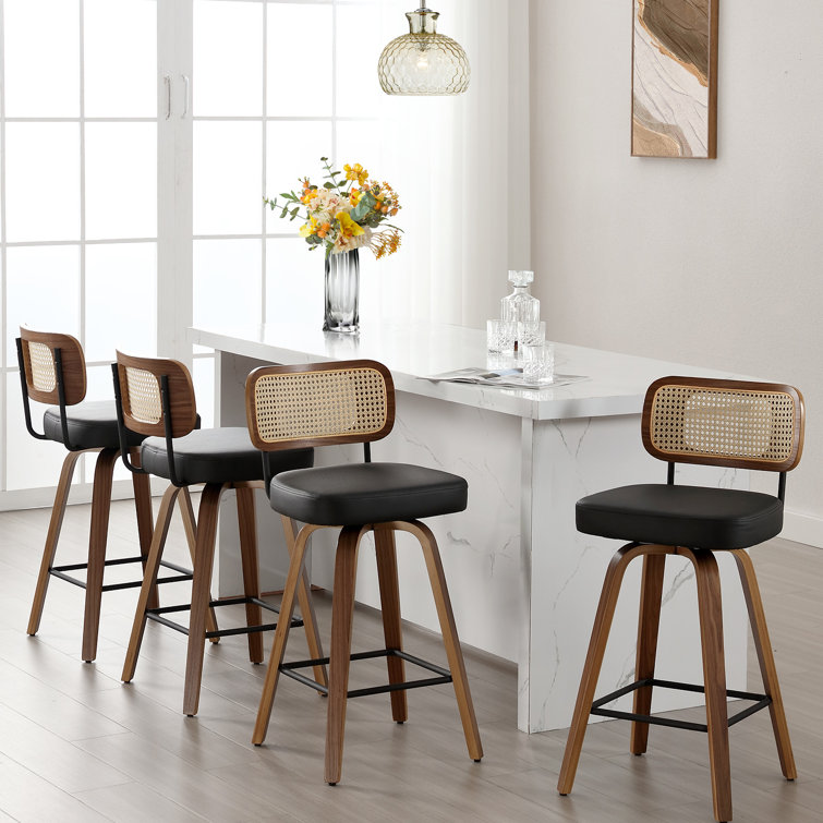 Black Swivel Bar Stools with Rattan Back and Wood Legs, Set of 2
