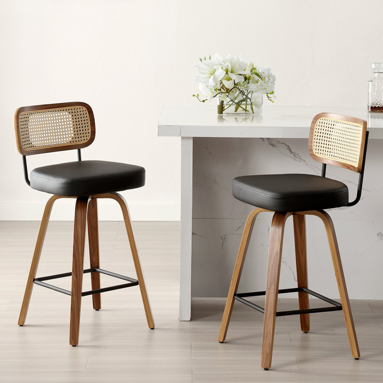 Black Swivel Bar Stools with Rattan Back and Wood Legs, Set of 2