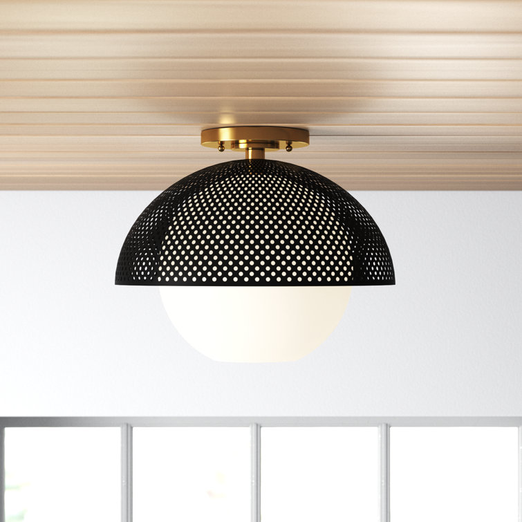 Matte Black and Satin Brass Globe Flush Mount with White Glass Shade