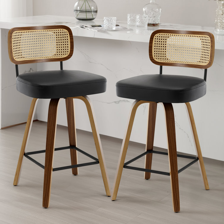 Black Swivel Bar Stools with Rattan Back and Wood Legs, Set of 2