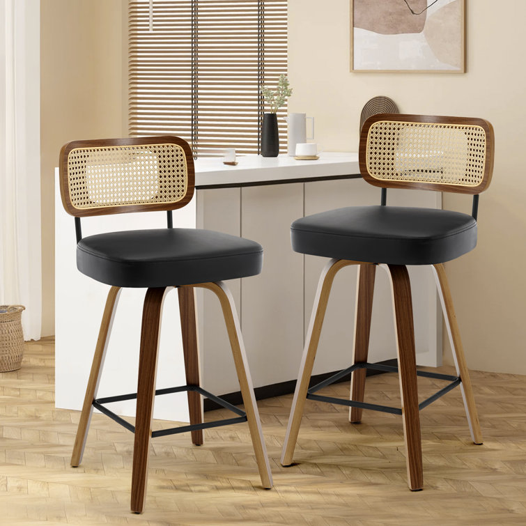Black Swivel Bar Stools with Rattan Back and Wood Legs, Set of 2