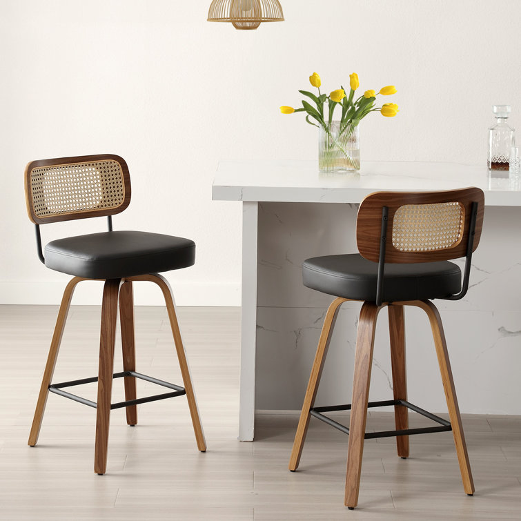 Black Swivel Bar Stools with Rattan Back and Wood Legs, Set of 2