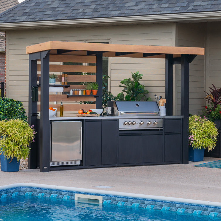 Fusion Flame Black Stainless Steel Outdoor Kitchen with Grill and Refrigerator