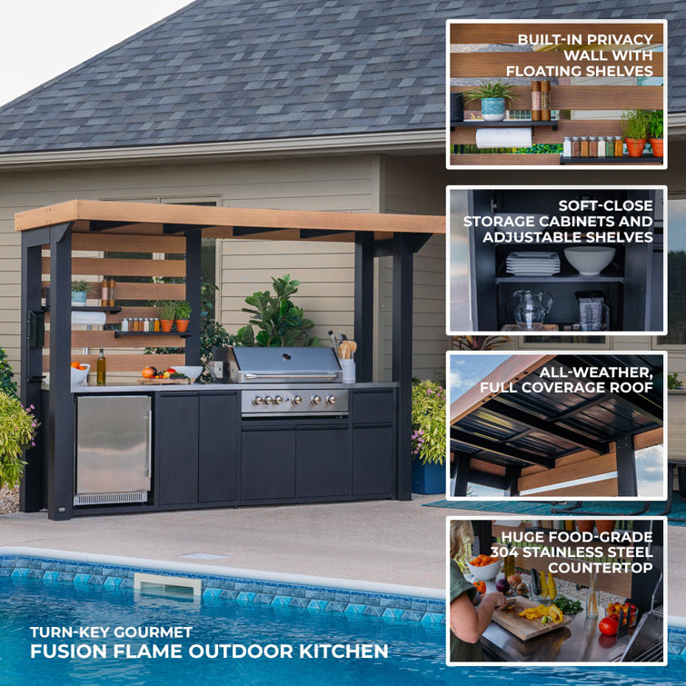 Fusion Flame Black Stainless Steel Outdoor Kitchen with Grill and Refrigerator
