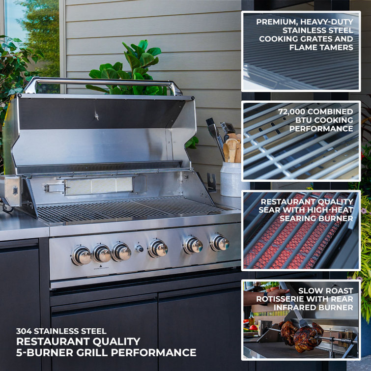 Fusion Flame Black Stainless Steel Outdoor Kitchen with Grill and Refrigerator