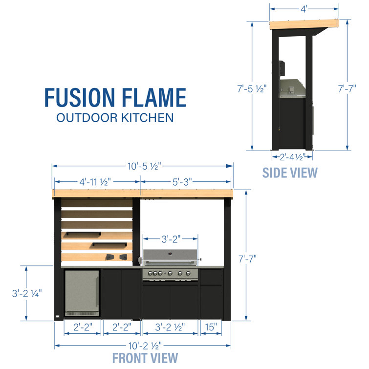 Fusion Flame Black Stainless Steel Outdoor Kitchen with Grill and Refrigerator