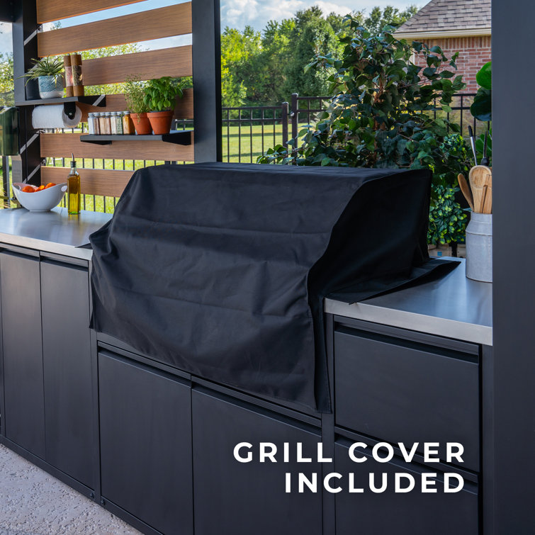 Fusion Flame Black Stainless Steel Outdoor Kitchen with Grill and Refrigerator