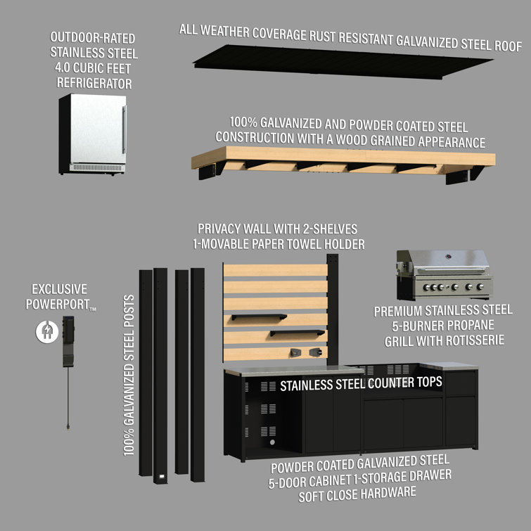 Fusion Flame Black Stainless Steel Outdoor Kitchen with Grill and Refrigerator