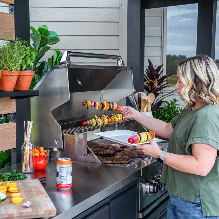 Fusion Flame Black Stainless Steel Outdoor Kitchen with Grill and Refrigerator