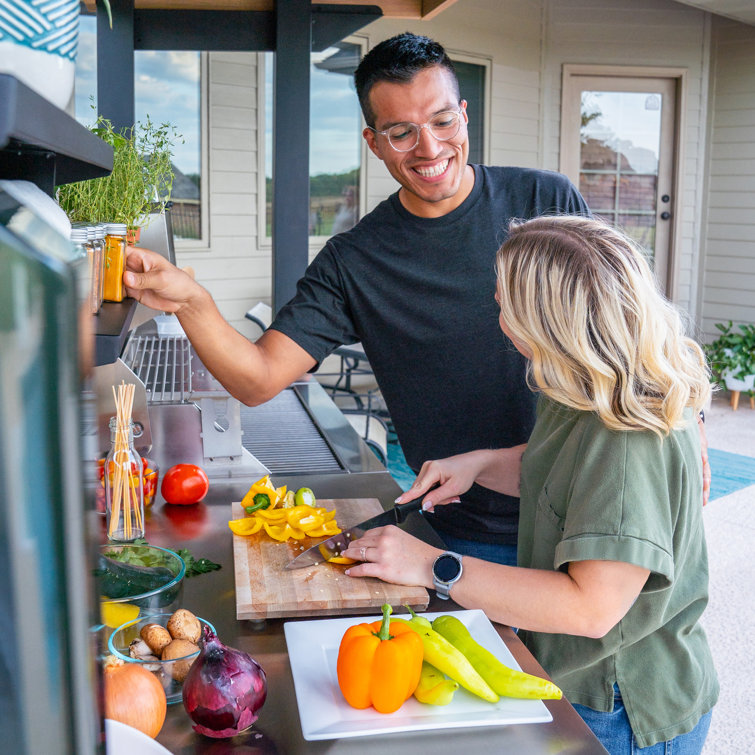 Fusion Flame Black Stainless Steel Outdoor Kitchen with Grill and Refrigerator