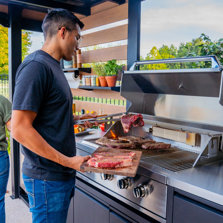 Fusion Flame Black Stainless Steel Outdoor Kitchen with Grill and Refrigerator