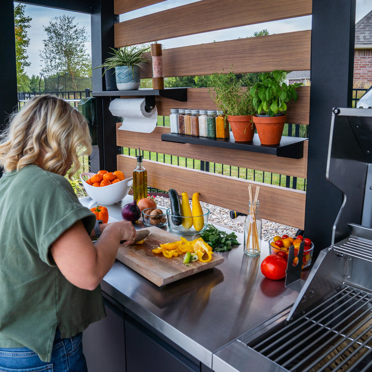 Fusion Flame Black Stainless Steel Outdoor Kitchen with Grill and Refrigerator