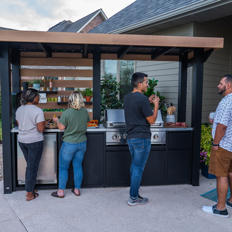 Fusion Flame Black Stainless Steel Outdoor Kitchen with Grill and Refrigerator
