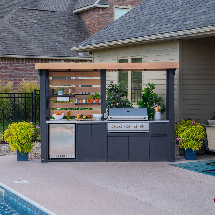 Fusion Flame Black Stainless Steel Outdoor Kitchen with Grill and Refrigerator